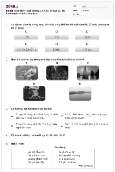 Bài tập hàng ngày Tiếng Việt lớp 2 Kết nối tri thức Bài 16: Khi trang sách mở ra có đáp án