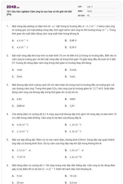 181 Câu trắc nghiệm Cảm ứng từ cực hay có lời giải chi tiết (P4)