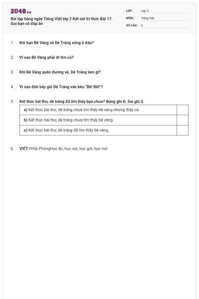 Bài tập hàng ngày Tiếng Việt lớp 2 Kết nối tri thức Bài 17. Gọi bạn có đáp án