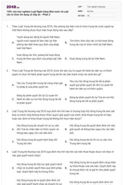 100+ câu trắc nghiệm Luật Ngân hàng Nhà nước và Luật các tổ chức tín dụng có đáp án - Phần 2