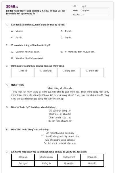 Bài tập hàng ngày Tiếng Việt lớp 2 Kết nối tri thức Bài 20: Nhím Nâu kết bạn có đáp án