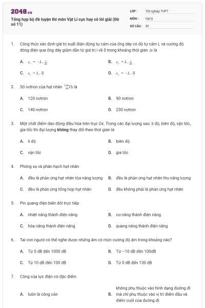 Tổng hợp bộ đề luyện thi môn Vật Lí cực hay có lời giải (Đề số 11)