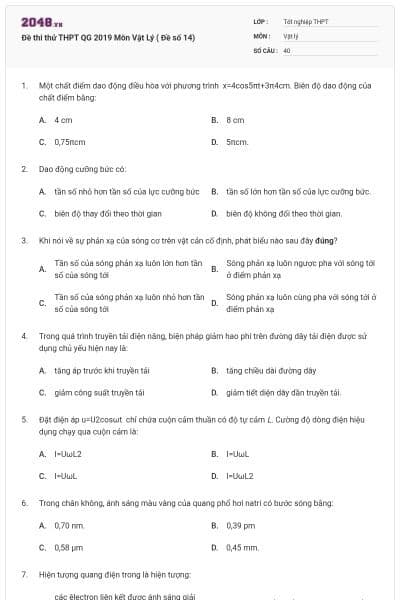 Đề thi thử THPT QG 2019 Môn Vật Lý ( Đề số 14)