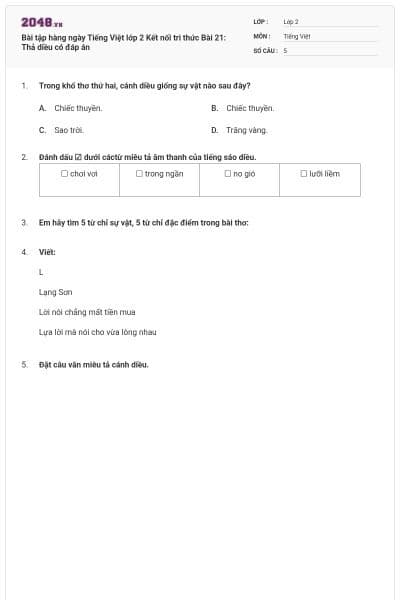 Bài tập hàng ngày Tiếng Việt lớp 2 Kết nối tri thức Bài 21: Thả diều có đáp án