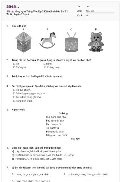 Bài tập hàng ngày Tiếng Việt lớp 2 Kết nối tri thức Bài 22: Tớ là Lê-gô có đáp án