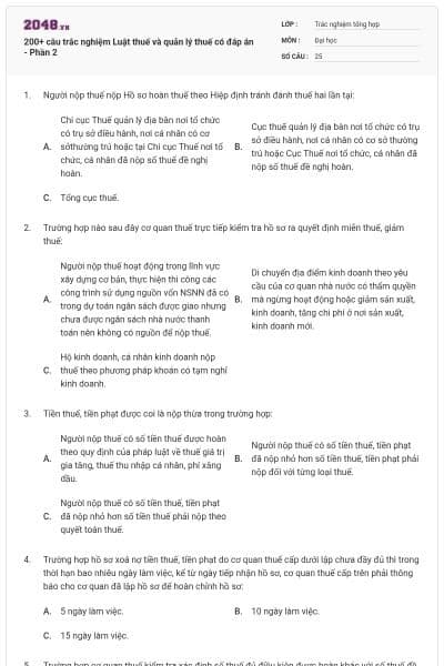 200+ câu trắc nghiệm Luật thuế và quản lý thuế có đáp án - Phần 2