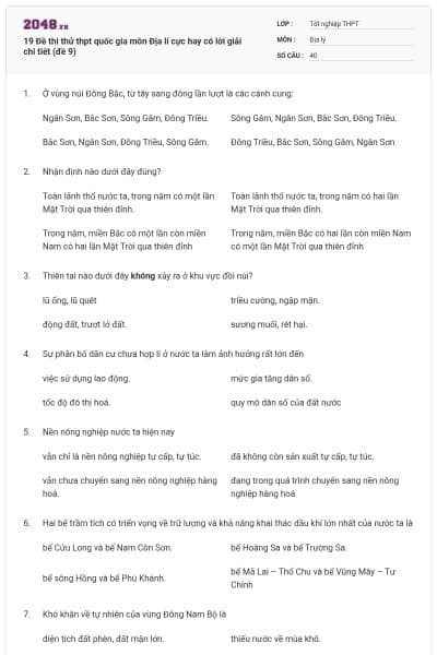 19 Đề thi thử thpt quốc gia môn Địa lí cực hay có lời giải chi tiết (đề 9)