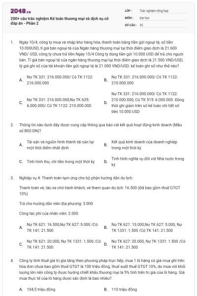 200+ câu trắc nghiệm Kế toán thương mại và dịch vụ có đáp án - Phần 2