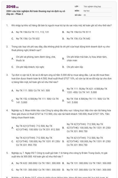 200+ câu trắc nghiệm Kế toán thương mại và dịch vụ có đáp án - Phần 3