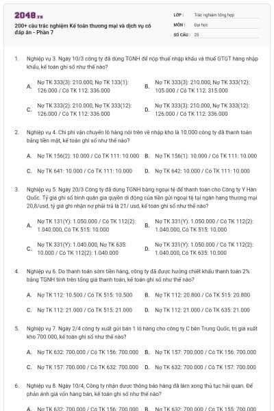 200+ câu trắc nghiệm Kế toán thương mại và dịch vụ có đáp án - Phần 7