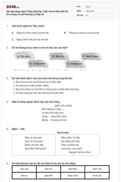 Bài tập hàng ngày Tiếng Việt lớp 2 Kết nối tri thức Bài 26: Em mang về yêu thương có đáp án