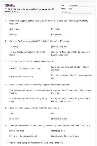 19 Đề thi thử thpt quốc gia môn Địa lí cực hay có lời giải chi tiết (đề 11)
