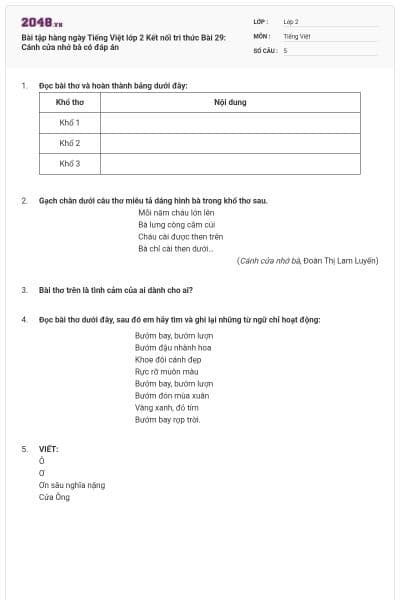 Bài tập hàng ngày Tiếng Việt lớp 2 Kết nối tri thức Bài 29: Cánh cửa nhớ bà có đáp án