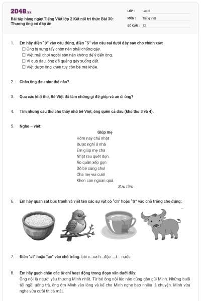 Bài tập hàng ngày Tiếng Việt lớp 2 Kết nối tri thức Bài 30: Thương ông có đáp án