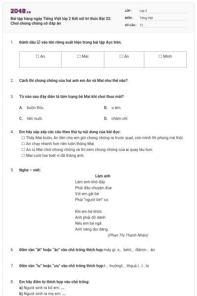 Bài tập hàng ngày Tiếng Việt lớp 2 Kết nối tri thức Bài 32: Chơi chong chóng có đáp án