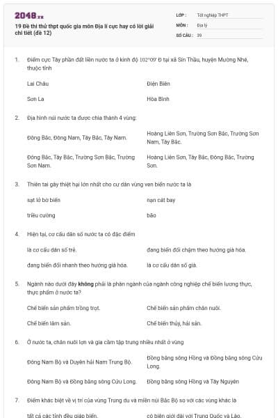 19 Đề thi thử thpt quốc gia môn Địa lí cực hay có lời giải chi tiết (đề 12)