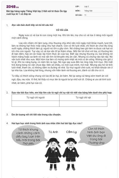 Bài tập hàng ngày Tiếng Việt lớp 2 Kết nối tri thức Ôn tập cuối học kì 1 có đáp án