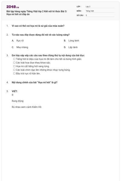 Bài tập hàng ngày Tiếng Việt lớp 2 Kết nối tri thức Bài 3: Họa mi hót có đáp án