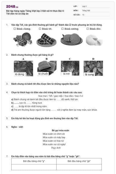 Bài tập hàng ngày Tiếng Việt lớp 2 Kết nối tri thức Bài 4: Tết đến rồi có đáp án