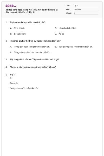Bài tập hàng ngày Tiếng Việt lớp 2 Kết nối tri thức Bài 5: Giọt nước và biển lớn có đáp án