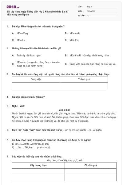 Bài tập hàng ngày Tiếng Việt lớp 2 Kết nối tri thức Bài 6: Mùa vàng có đáp án