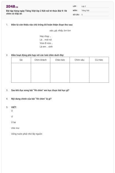 Bài tập hàng ngày Tiếng Việt lớp 2 Kết nối tri thức Bài 9: Vè chim có đáp án