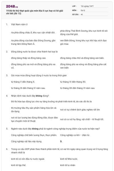 19 Đề thi thử thpt quốc gia môn Địa lí cực hay có lời giải chi tiết (đề 13)