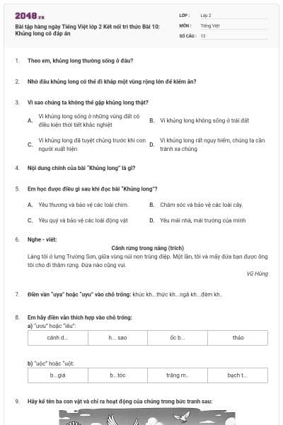 Bài tập hàng ngày Tiếng Việt lớp 2 Kết nối tri thức Bài 10: Khủng long có đáp án