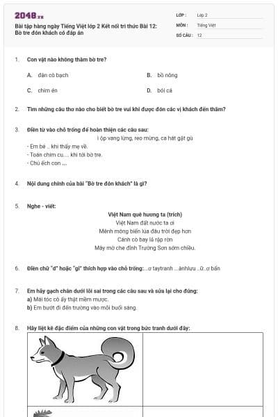 Bài tập hàng ngày Tiếng Việt lớp 2 Kết nối tri thức Bài 12: Bờ tre đón khách có đáp án