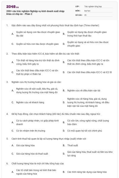 200+ câu trắc nghiệm Nghiệp vụ kinh doanh xuất nhập khẩu có đáp án - Phần 2