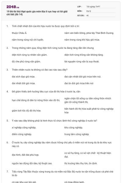 19 Đề thi thử thpt quốc gia môn Địa lí cực hay có lời giải chi tiết (đề 14)