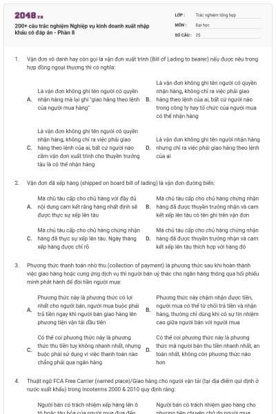 200+ câu trắc nghiệm Nghiệp vụ kinh doanh xuất nhập khẩu có đáp án - Phần 8
