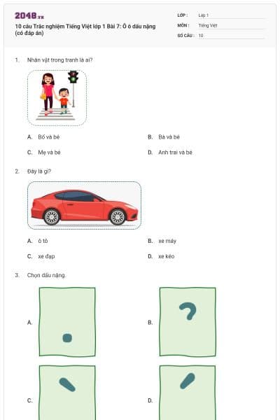 10 câu Trắc nghiệm Tiếng Việt lớp 1 Bài 7: Ô ô dấu nặng (có đáp án)