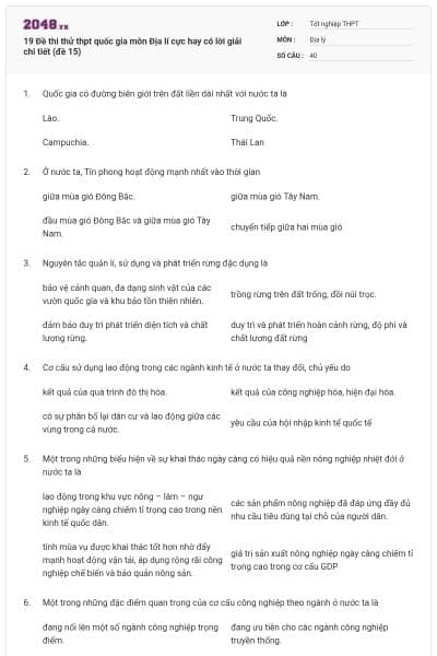 19 Đề thi thử thpt quốc gia môn Địa lí cực hay có lời giải chi tiết (đề 15)