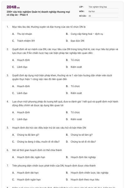 200+ câu trắc nghiệm Quản trị doanh nghiệp thương mại có đáp án - Phần 4