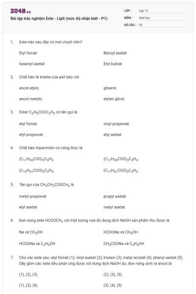Bài tập trắc nghiệm Este - Lipit (mức độ nhận biết - P1)