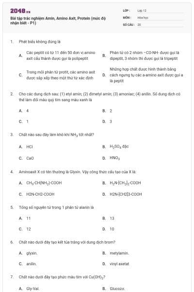 Bài tập trắc nghiệm Amin, Amino Axit, Protein (mức độ nhận biết - P1)
