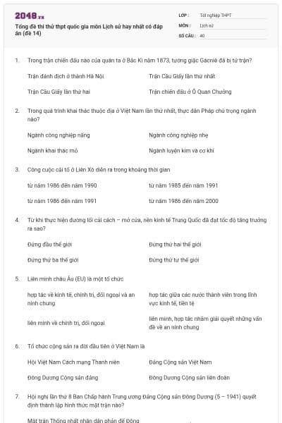 Tổng đề thi thử thpt quốc gia môn Lịch sử hay nhất có đáp án (đề 14)
