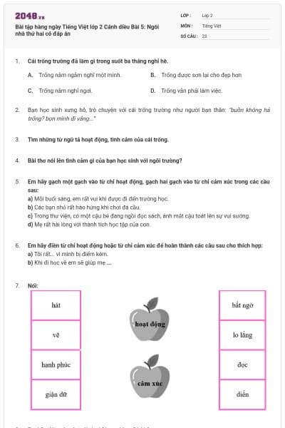 Bài tập hàng ngày Tiếng Việt lớp 2 Cánh diều Bài 5: Ngôi nhà thứ hai có đáp án