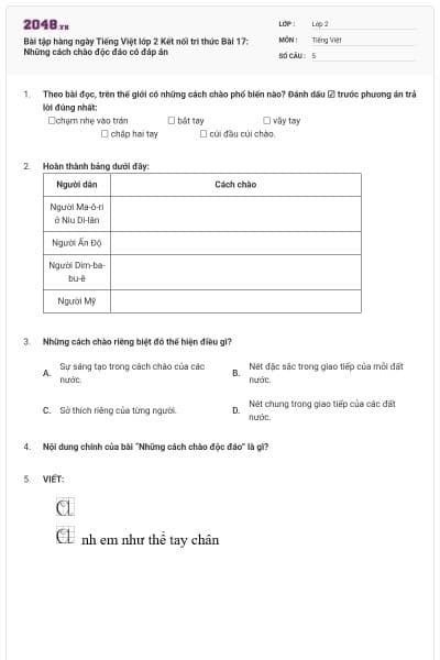 Bài tập hàng ngày Tiếng Việt lớp 2 Kết nối tri thức Bài 17: Những cách chào độc đáo có đáp án