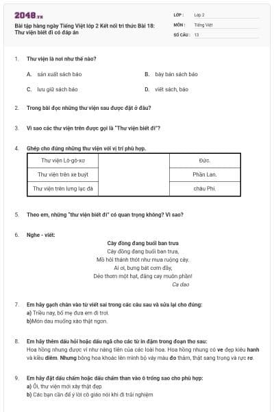 Bài tập hàng ngày Tiếng Việt lớp 2 Kết nối tri thức Bài 18: Thư viện biết đi có đáp án