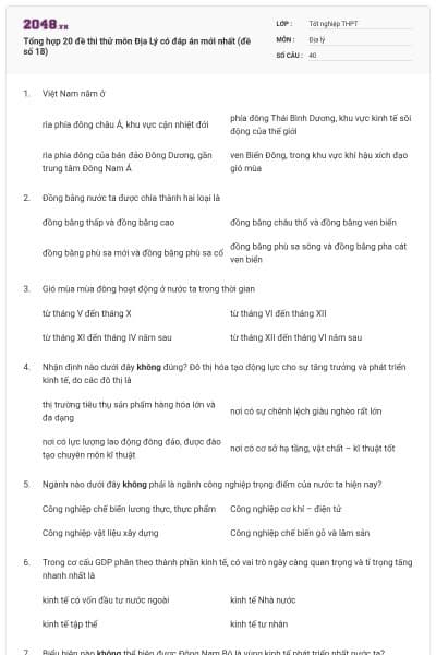 Tổng hợp 20 đề thi thử môn Địa Lý có đáp án mới nhất (đề số 18)