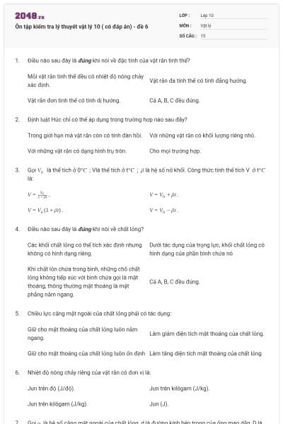 Ôn tập kiểm tra lý thuyết vật lý 10 ( có đáp án) - đề 6