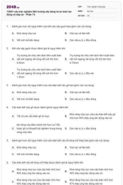1000+ câu trắc nghiệm Môi trường xây dựng và an toàn lao động có đáp án - Phần 73