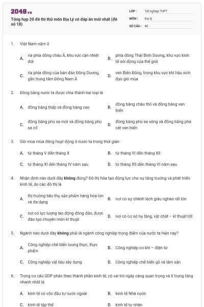 Tổng hợp 20 đề thi thử môn Địa Lý có đáp án mới nhất (đề số 18)