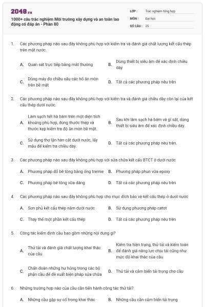 1000+ câu trắc nghiệm Môi trường xây dựng và an toàn lao động có đáp án - Phần 80