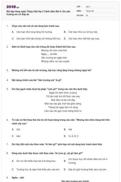 Bài tập hàng ngày Tiếng Việt lớp 2 Cánh diều Bài 6: Em yêu trường em có đáp án