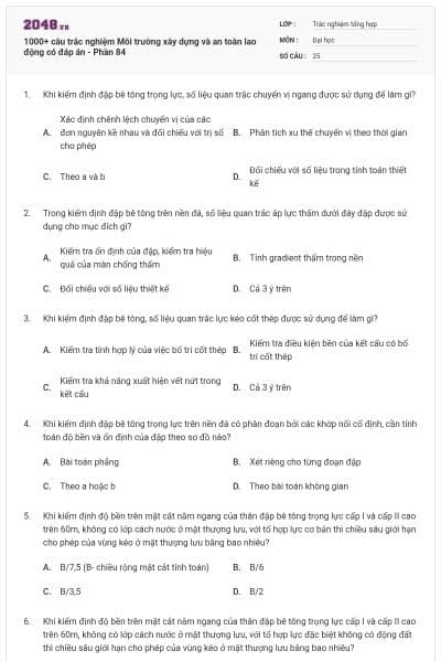 1000+ câu trắc nghiệm Môi trường xây dựng và an toàn lao động có đáp án - Phần 84