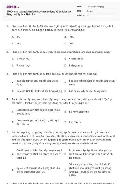 1000+ câu trắc nghiệm Môi trường xây dựng và an toàn lao động có đáp án - Phần 86