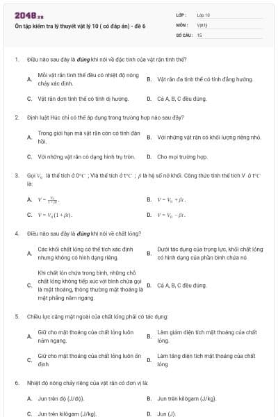 Ôn tập kiểm tra lý thuyết vật lý 10 ( có đáp án) - đề 6